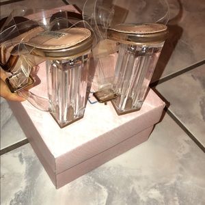 Rose gold and clear strap around ankle block heels